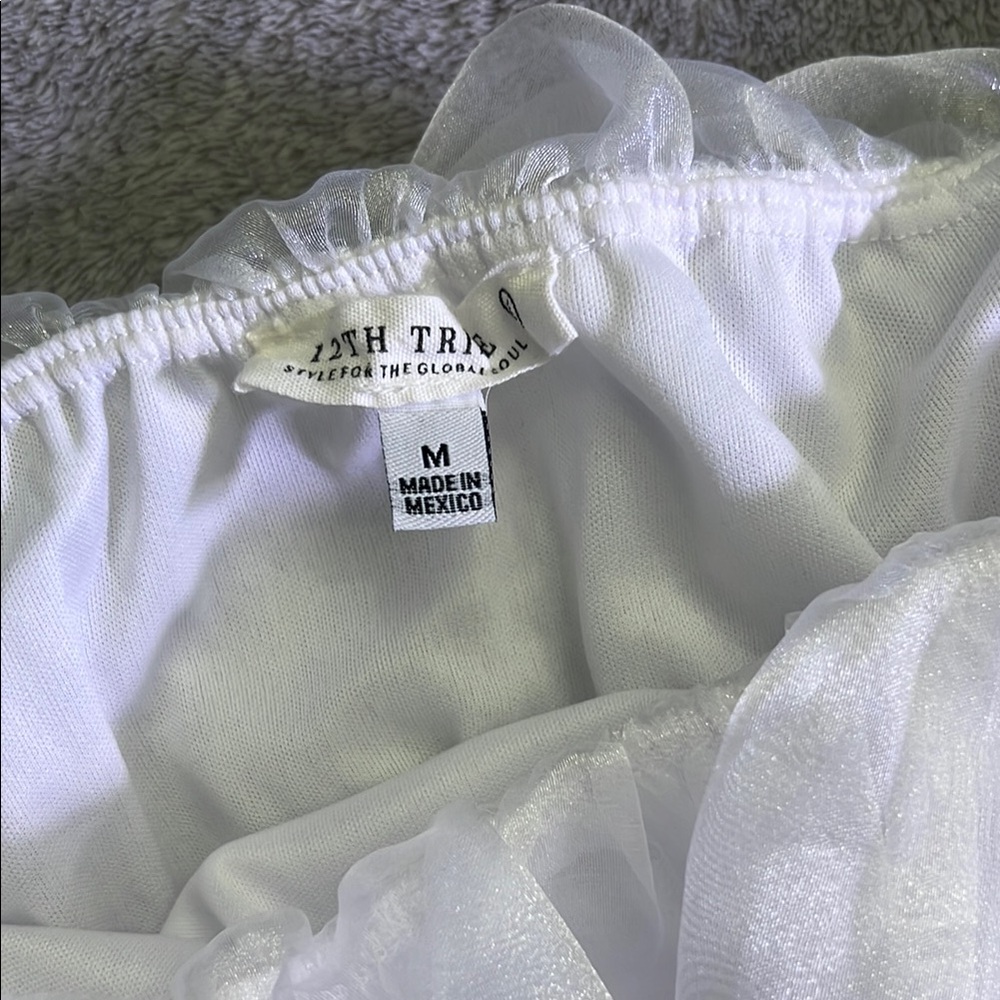 12th Tribe White Ruffle Off-Shoulder Crop Top - Picture 3 of 3